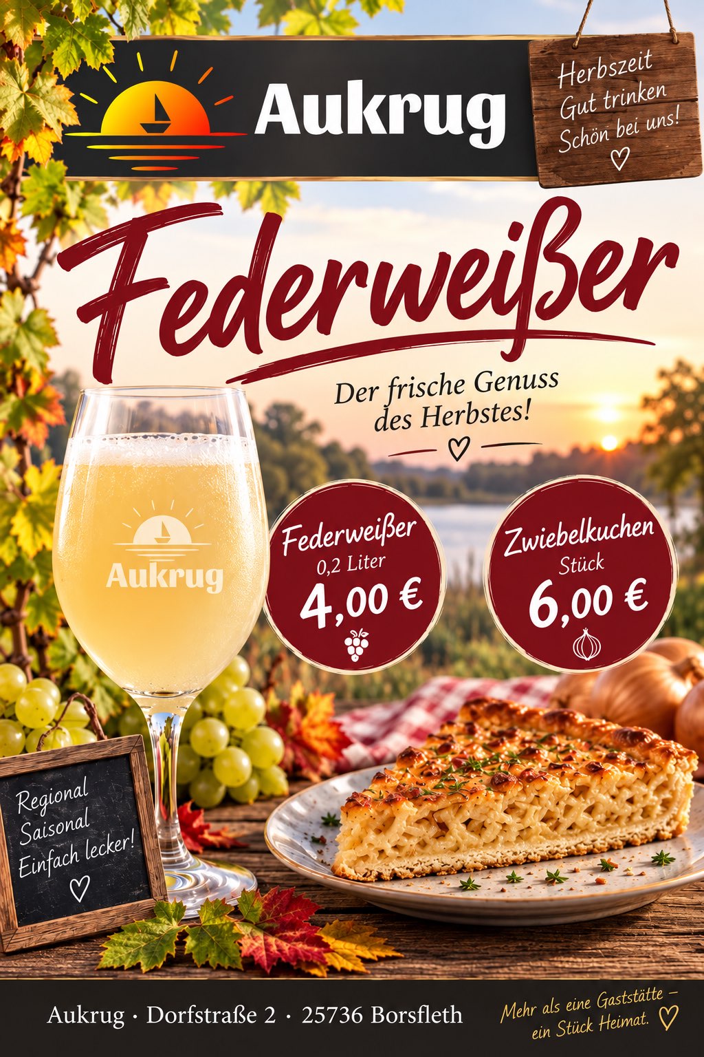 Federweißer und Zwiebelkuchen im Aukrug: 0,2 Liter Federweißer für 4,00 Euro, ein Stück Zwiebelkuchen für 6,00 Euro
