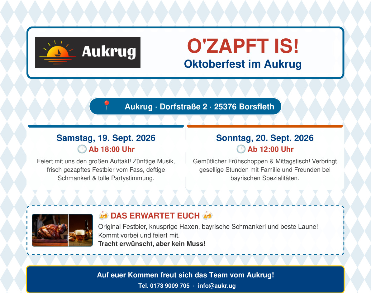 Oktoberfest im Aukrug am 19. und 20. September 2026 – Veranstaltungsflyer